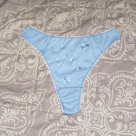 NWOT size Small Stretchy COTTON Thong Cute Blue Floral Embroidery - Picture 1 of 9